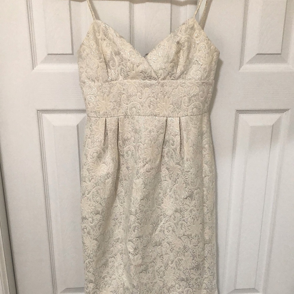 BCBG white with metalic cocktail dress perfect for the holidays!